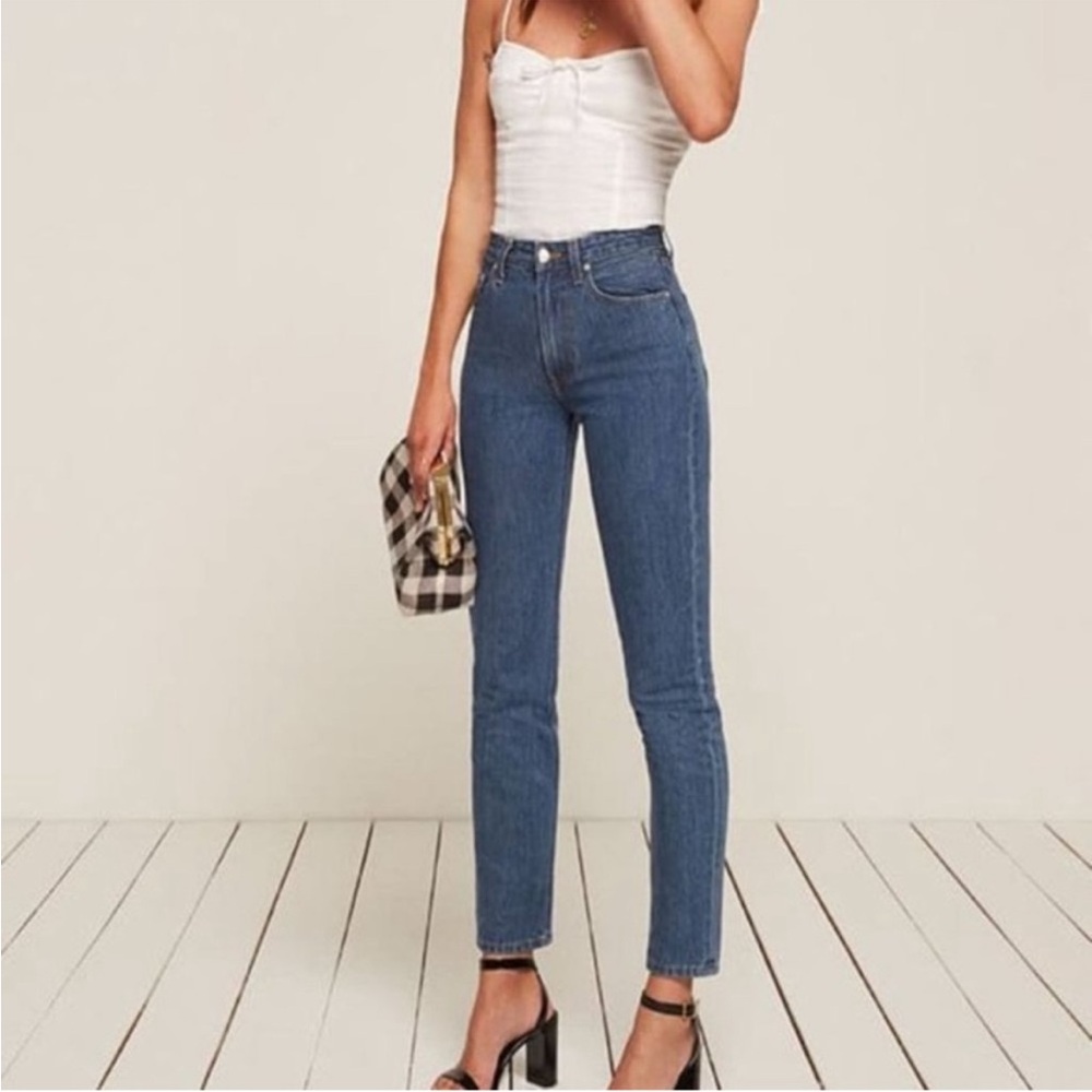 Reformation High-Rise Cigarette Straight Jeans in True Blue